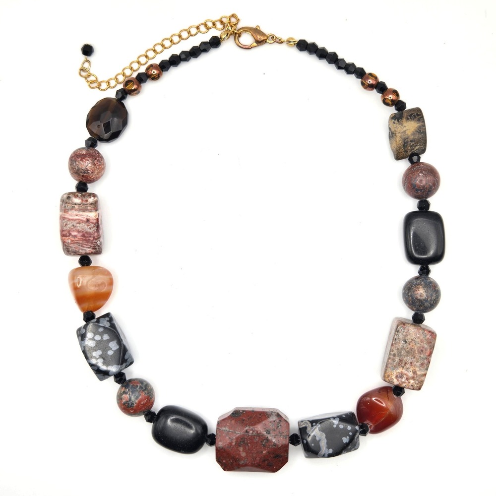 Natural Mixed Stone‎ Chunky Bead Necklace Snowflake Obsidian Jasper Carnelian